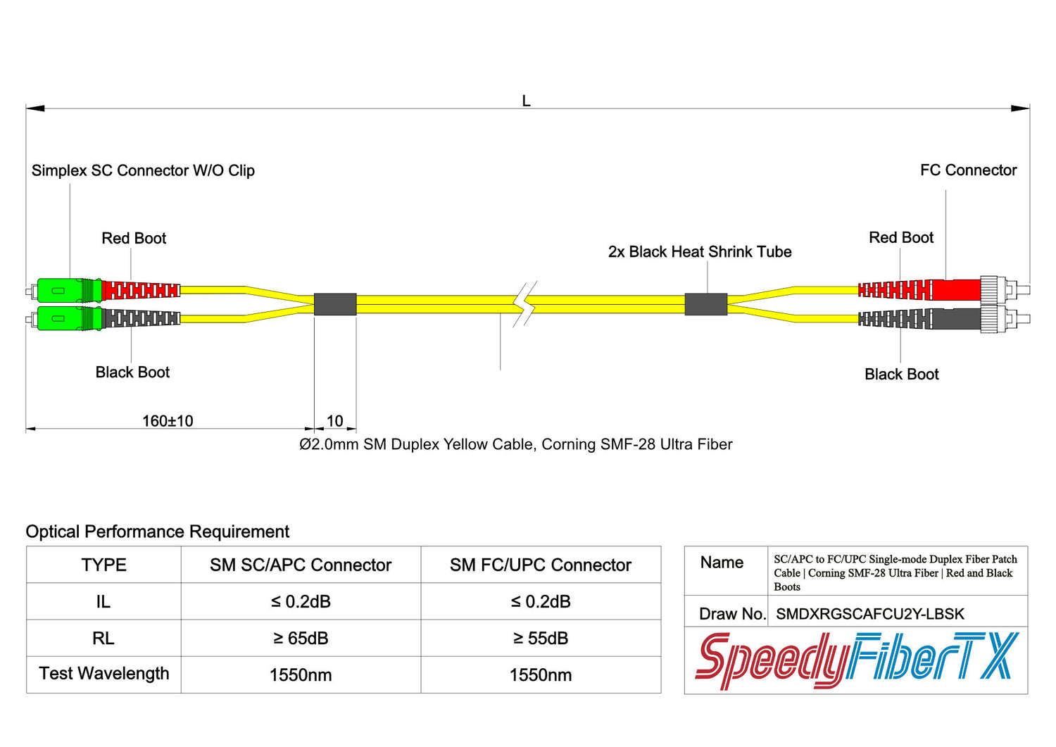 0.2dB SC/APC to FC/UPC Single-mode Duplex Fiber Patch Cable | Corning SMF-28 Ultra Fiber | Red and Black Boots | OS1/OS2 Compatible | OFNR Jacket