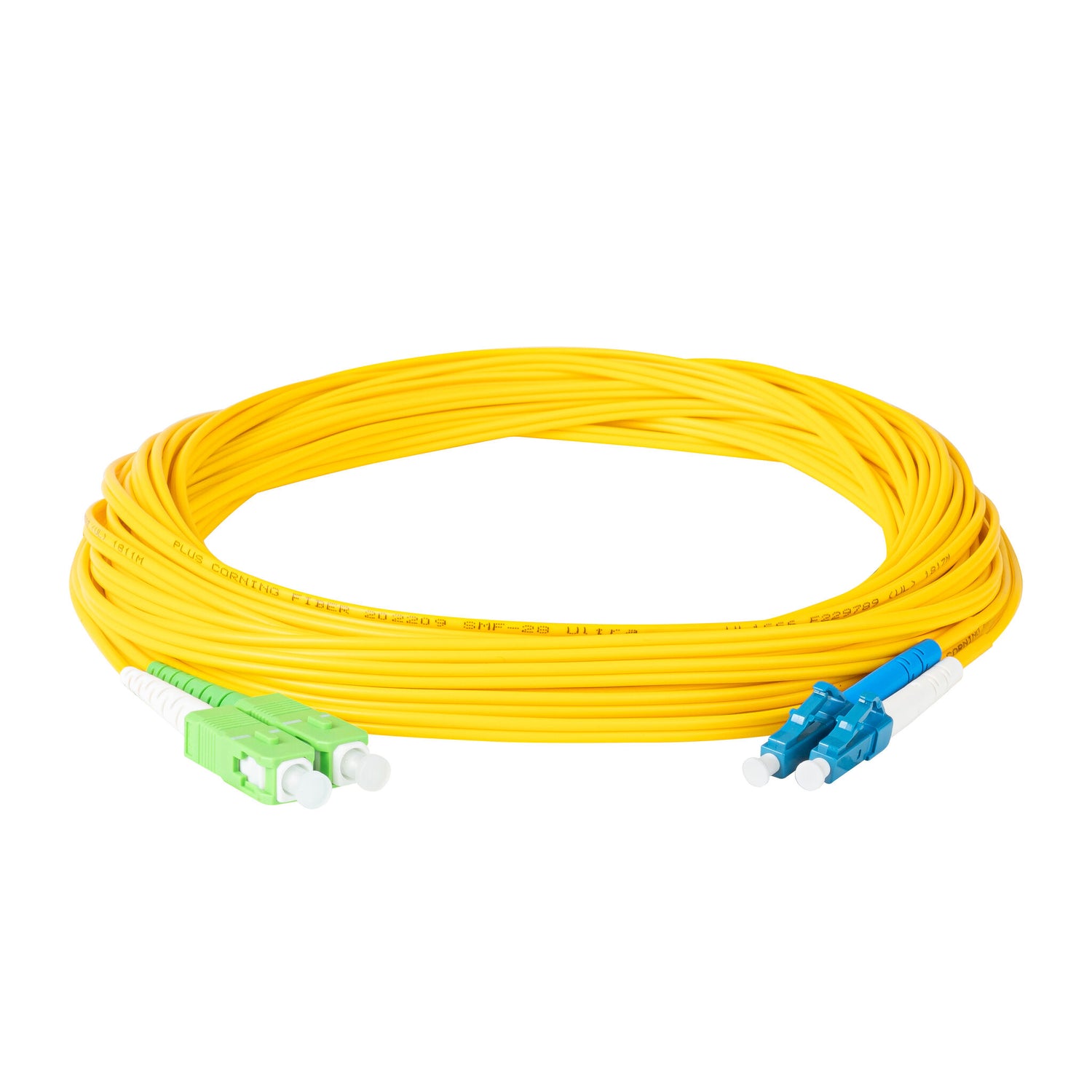 0.2dB SC/APC to LC/UPC Single-mode Duplex Fiber Patch Cable | Corning SMF-28 Ultra Fiber | Green, Blue and White Boots | OS1/OS2 Compatible | OFNR Jacket