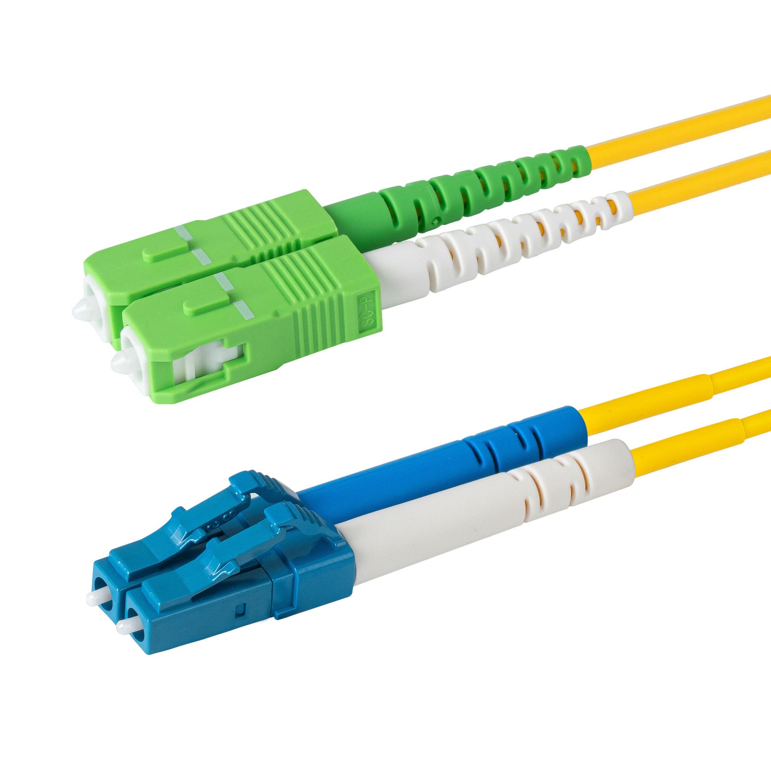 0.2dB SC/APC to LC/UPC Single-mode Duplex Fiber Patch Cable | Corning SMF-28 Ultra Fiber | Green, Blue and White Boots | OS1/OS2 Compatible | OFNR Jacket