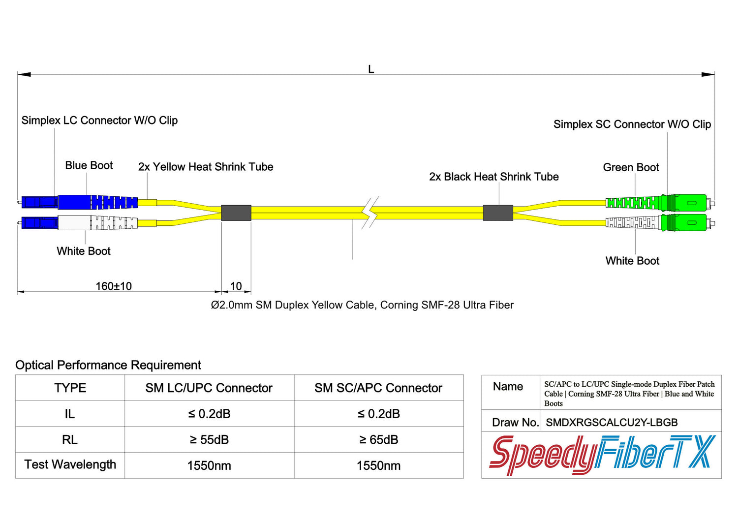 0.2dB SC/APC to LC/UPC Single-mode Duplex Fiber Patch Cable | Corning SMF-28 Ultra Fiber | Green, Blue and White Boots | OS1/OS2 Compatible | OFNR Jacket