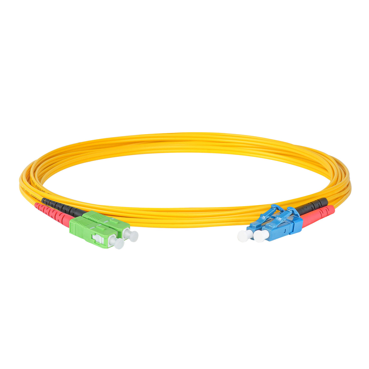 0.2dB SC/APC to LC/UPC Single-mode Duplex Fiber Patch Cable | Corning SMF-28 Ultra Fiber | Red and Black Boots | OS1/OS2 Compatible | OFNR Jacket