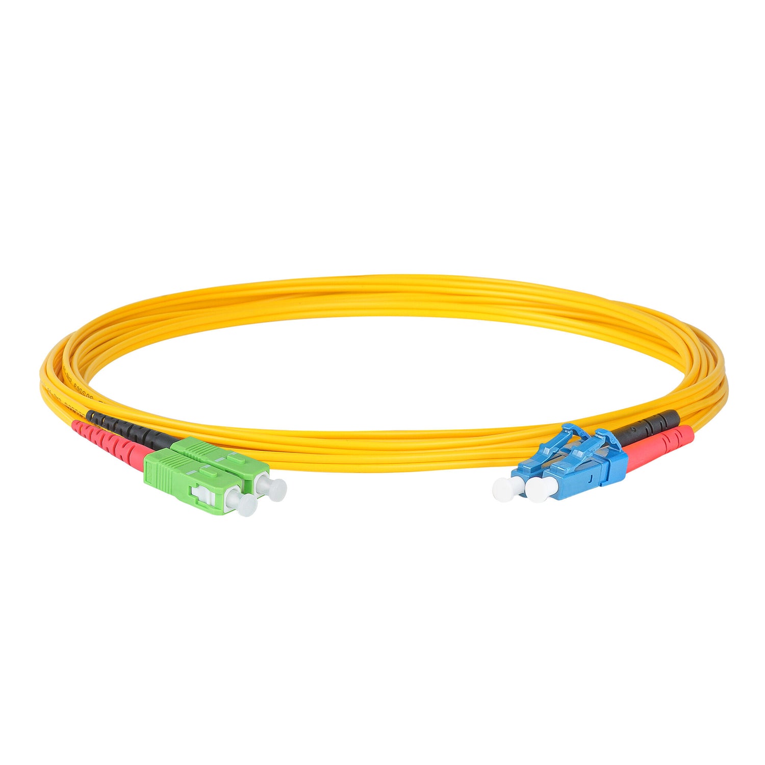0.2dB SC/APC to LC/UPC Single-mode Duplex Fiber Patch Cable | Corning SMF-28 Ultra Fiber | Red and Black Boots | OS1/OS2 Compatible | OFNR Jacket