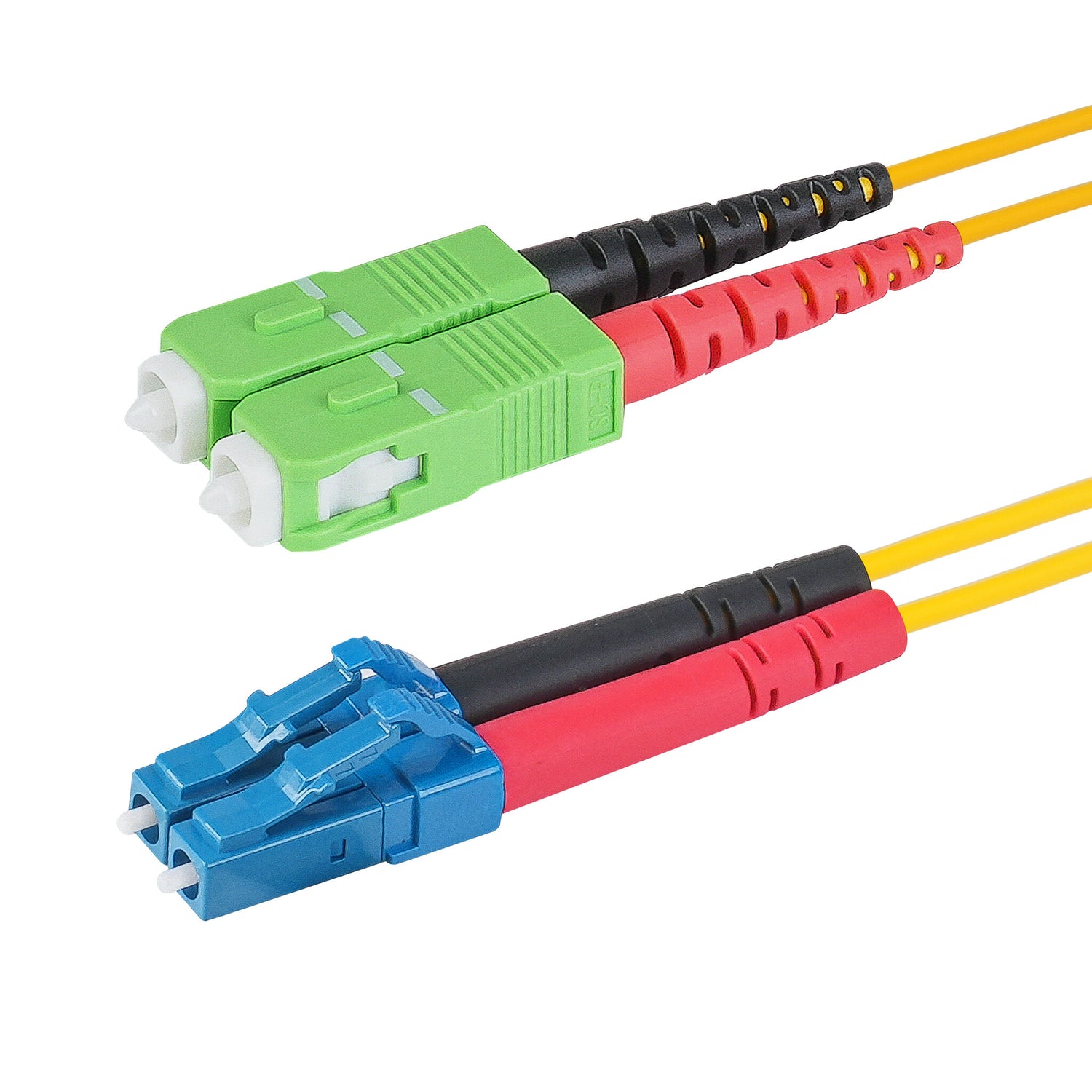 0.2dB SC/APC to LC/UPC Single-mode Duplex Fiber Patch Cable | Corning SMF-28 Ultra Fiber | Red and Black Boots | OS1/OS2 Compatible | OFNR Jacket