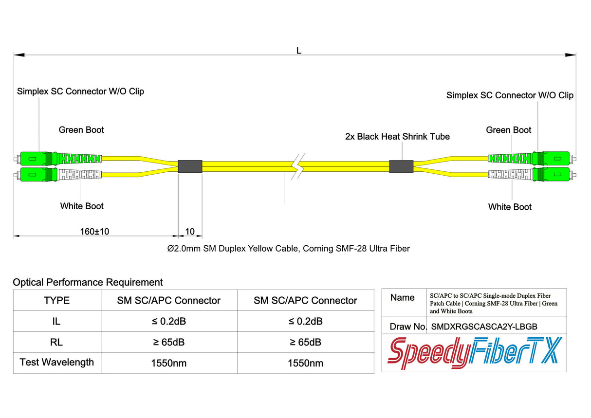 0.2dB SC/APC to SC/APC Single-mode Duplex Fiber Patch Cable | Corning SMF-28 Ultra Fiber | Green and White Boots | OS1/OS2 Compatible | OFNR Jacket