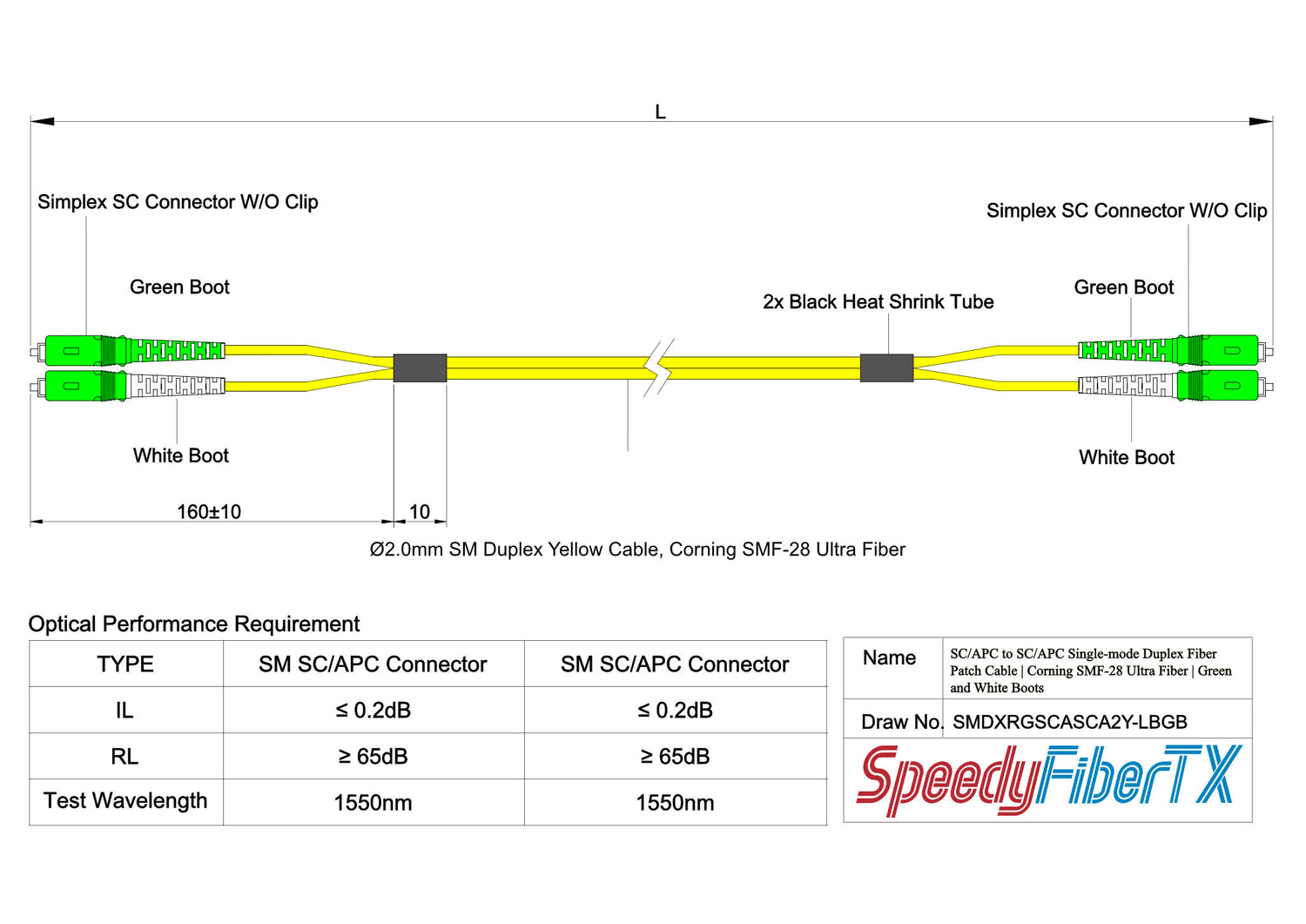 0.2dB SC/APC to SC/APC Single-mode Duplex Fiber Patch Cable | Corning SMF-28 Ultra Fiber | Green and White Boots | OS1/OS2 Compatible | OFNR Jacket