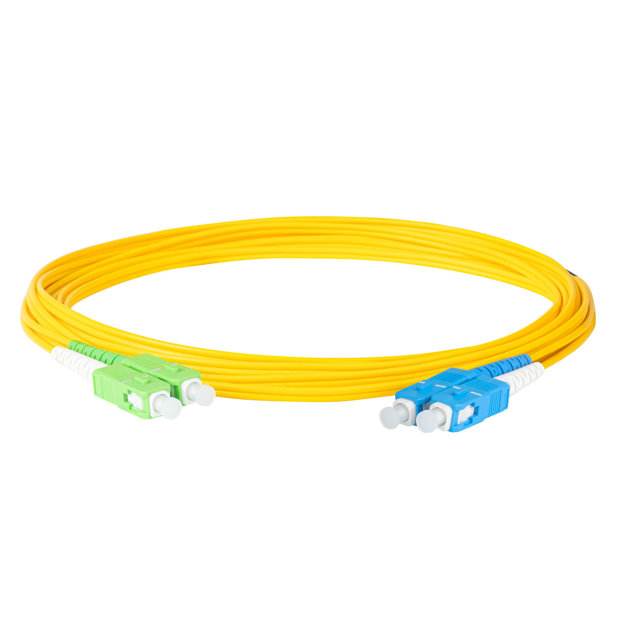 0.2dB SC/APC to SC/UPC Single-mode Duplex Fiber Patch Cable | Corning SMF-28 Ultra Fiber | Green, Blue and White Boots | OS1/OS2 Compatible | OFNR Jacket