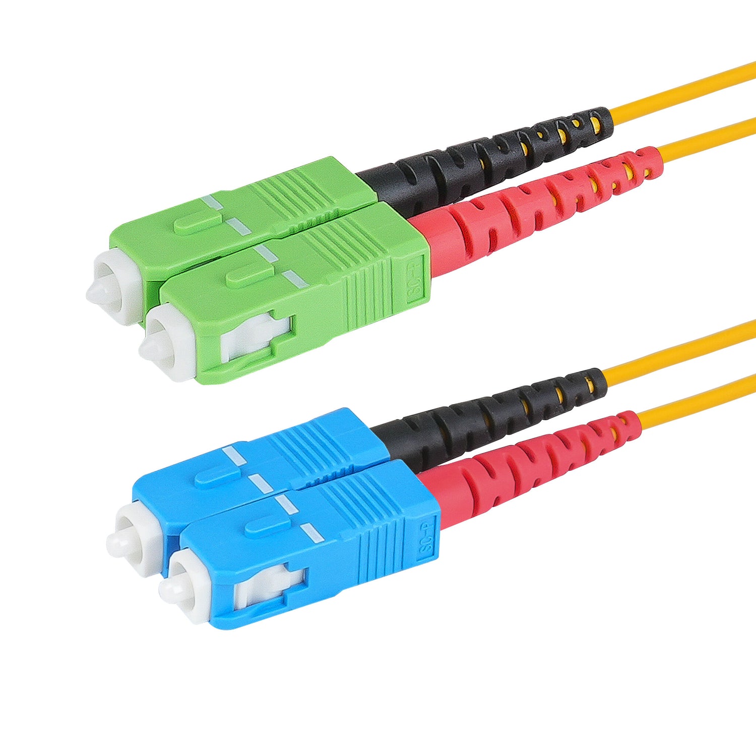 0.2dB SC/APC to SC/UPC Single-mode Duplex Fiber Patch Cable | Corning SMF-28 Ultra Fiber | Red and Black Boots | OS1/OS2 Compatible | OFNR Jacket