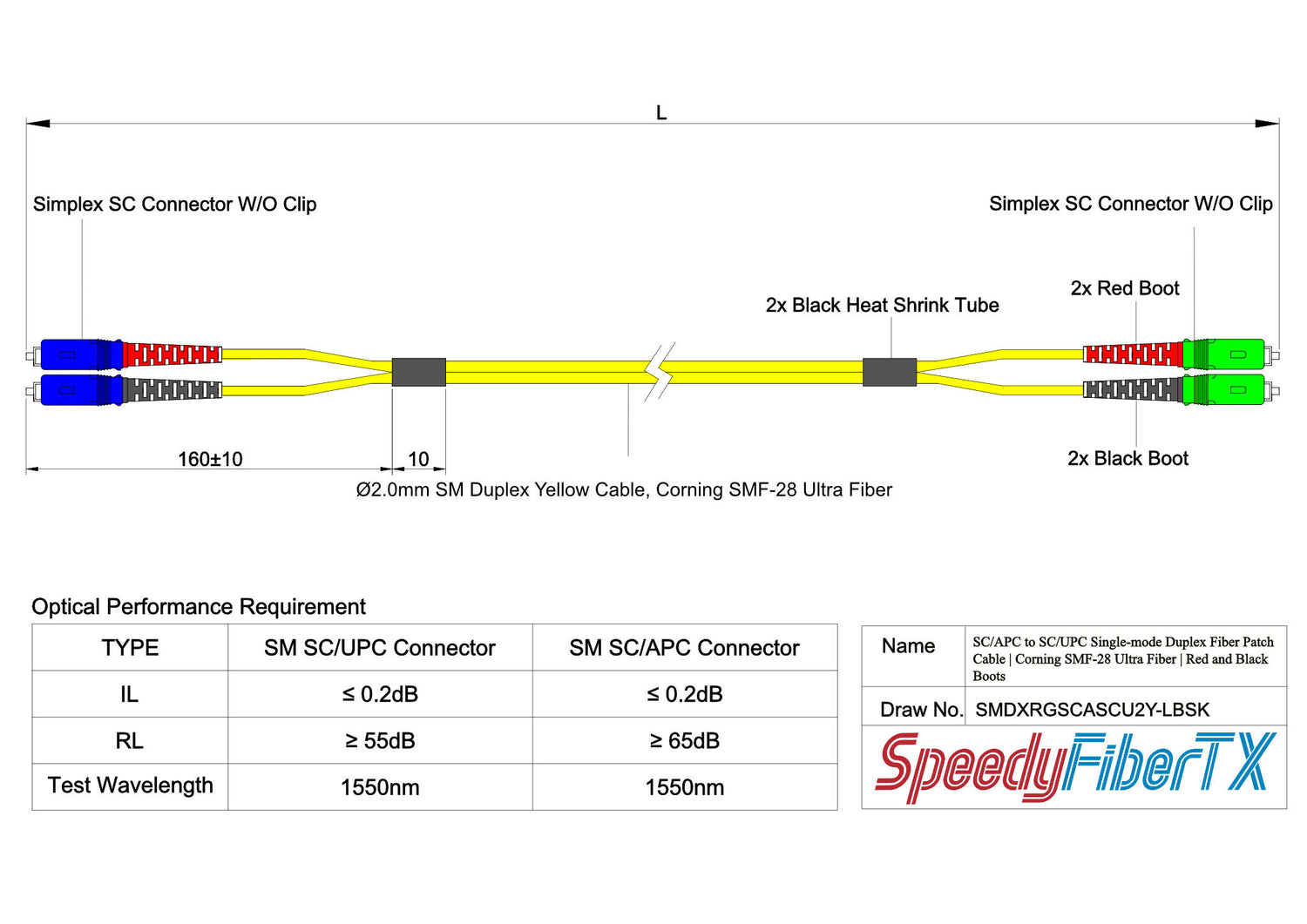 0.2dB SC/APC to SC/UPC Single-mode Duplex Fiber Patch Cable | Corning SMF-28 Ultra Fiber | Red and Black Boots | OS1/OS2 Compatible | OFNR Jacket