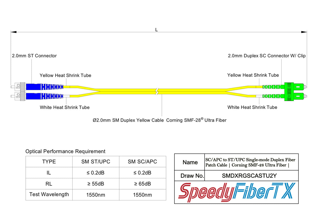 0.2dB SC/APC to ST/UPC Single-mode Duplex Fiber Patch Cable | Corning SMF-28 Ultra Fiber | OS1/OS2 Compatible | OFNR Jacket