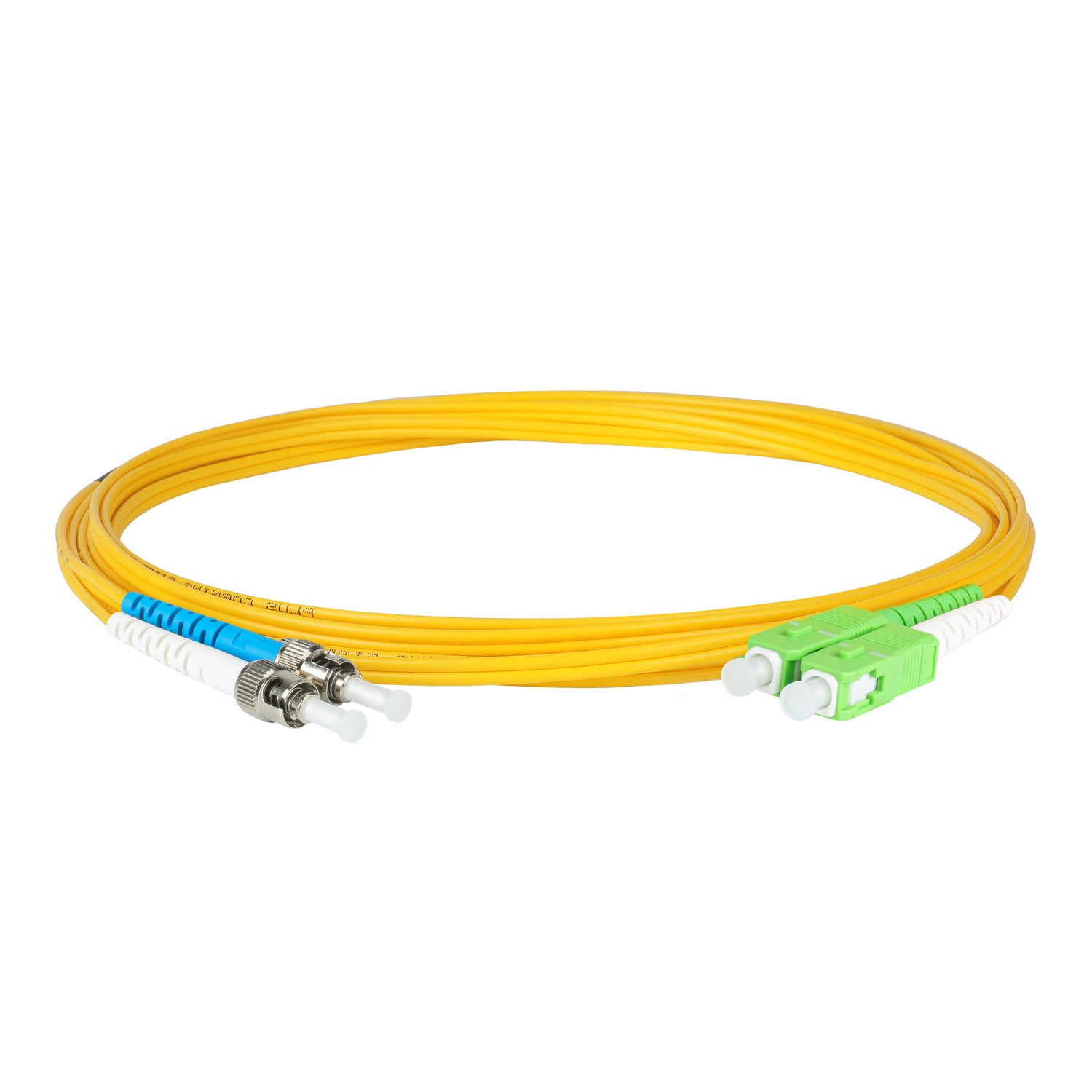 0.2dB SC/APC to ST/UPC Single-mode Duplex Fiber Patch Cable | Corning SMF-28 Ultra Fiber | Green, Blue and White Boots | OS1/OS2 Compatible | OFNR Jacket