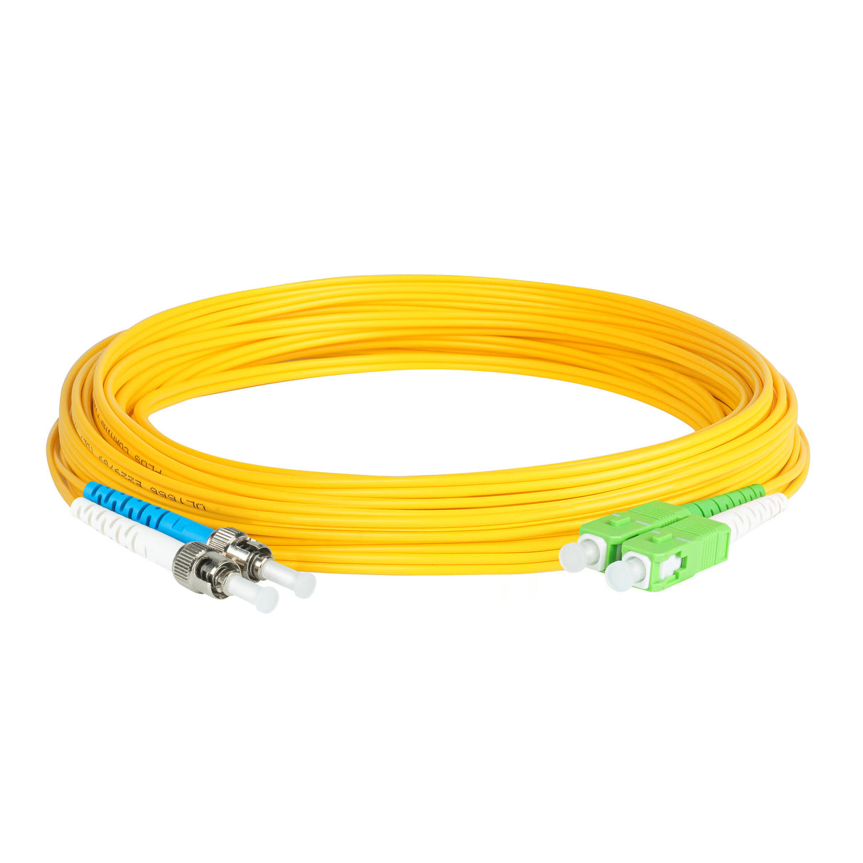 0.2dB SC/APC to ST/UPC Single-mode Duplex Fiber Patch Cable | Corning SMF-28 Ultra Fiber | Green, Blue and White Boots | OS1/OS2 Compatible | OFNR Jacket