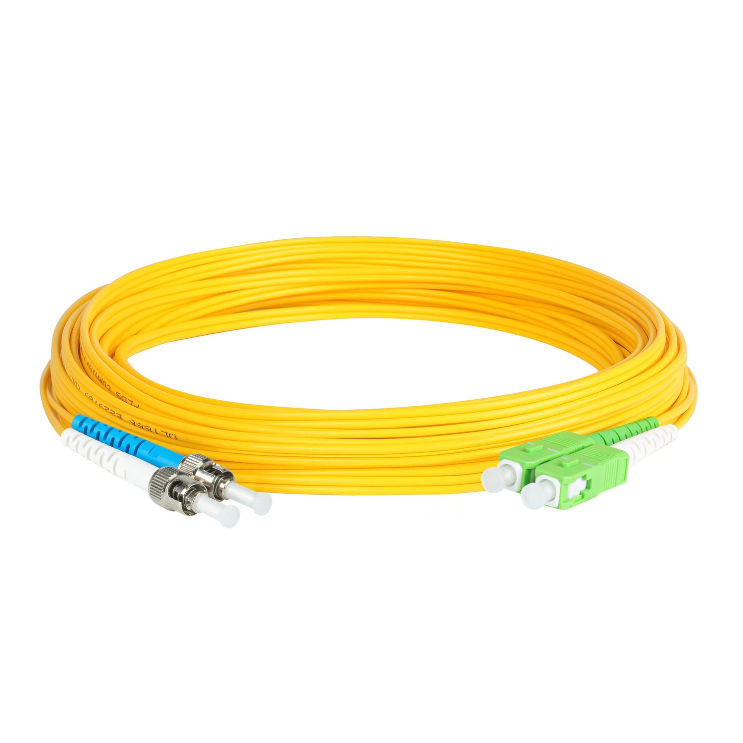 0.2dB SC/APC to ST/UPC Single-mode Duplex Fiber Patch Cable | Corning SMF-28 Ultra Fiber | Green, Blue and White Boots | OS1/OS2 Compatible | OFNR Jacket