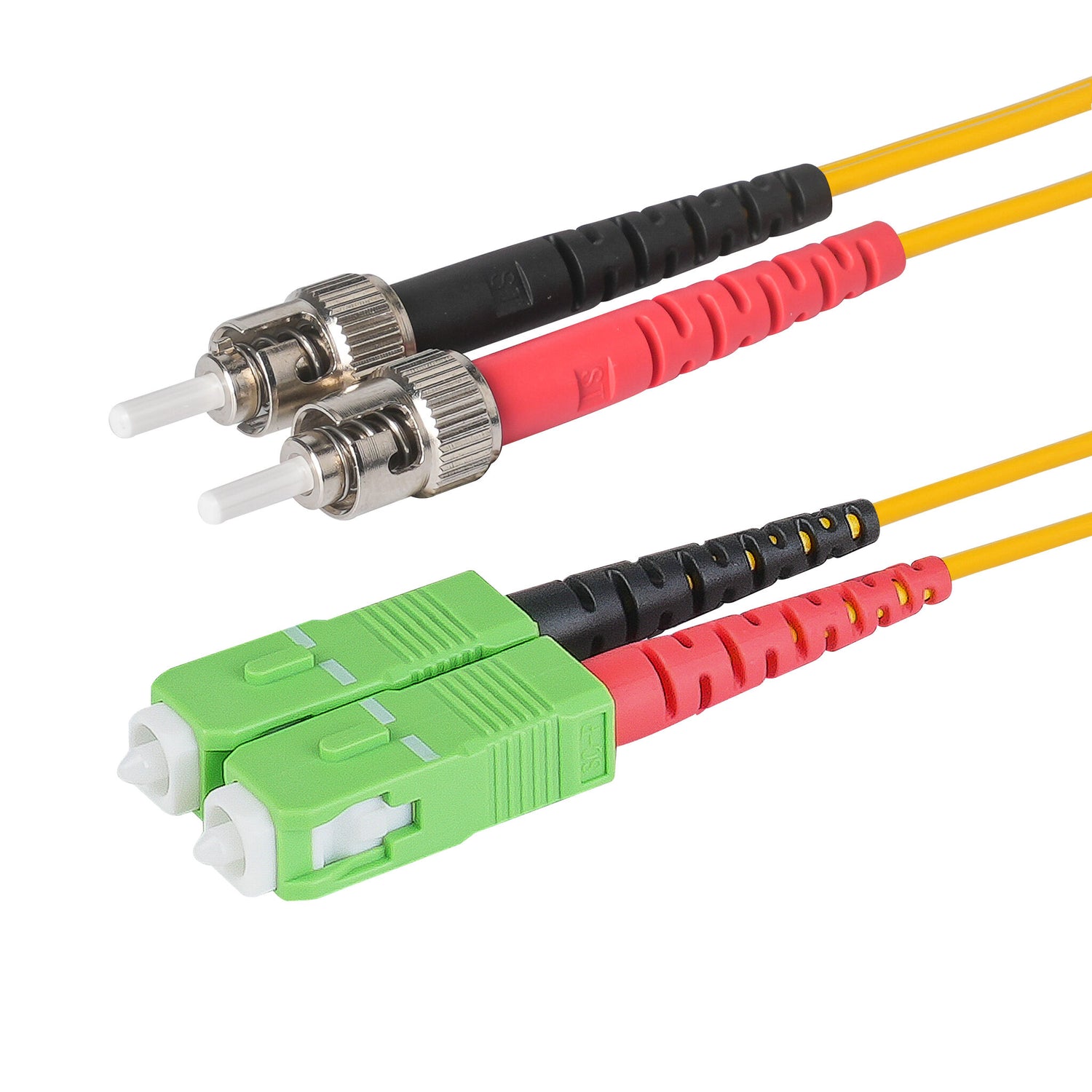 0.2dB SC/APC to ST/UPC Single-mode Duplex Fiber Patch Cable | Corning SMF-28 Ultra Fiber | Red and Black Boots | OS1/OS2 Compatible | OFNR Jacket