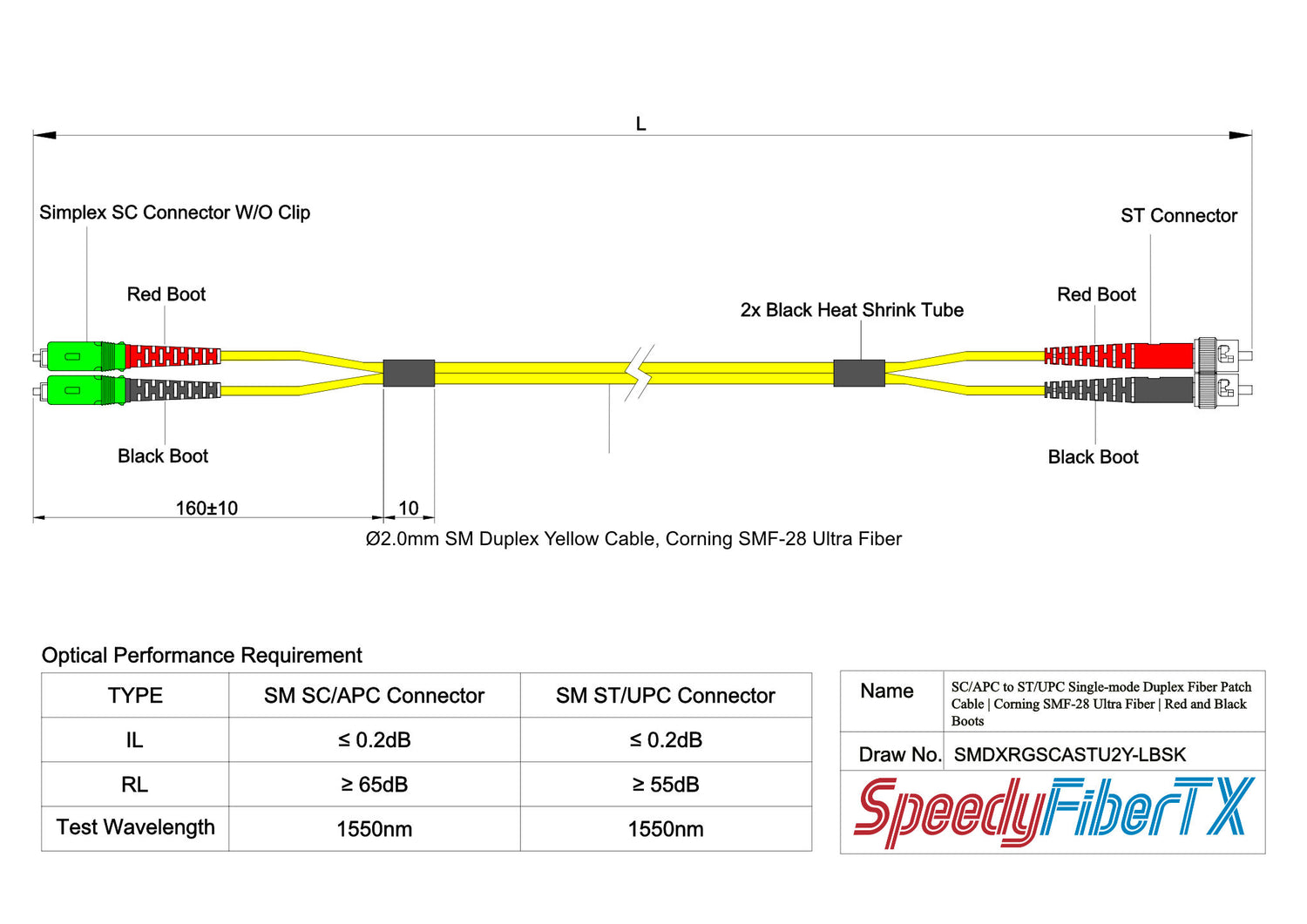 0.2dB SC/APC to ST/UPC Single-mode Duplex Fiber Patch Cable | Corning SMF-28 Ultra Fiber | Red and Black Boots | OS1/OS2 Compatible | OFNR Jacket
