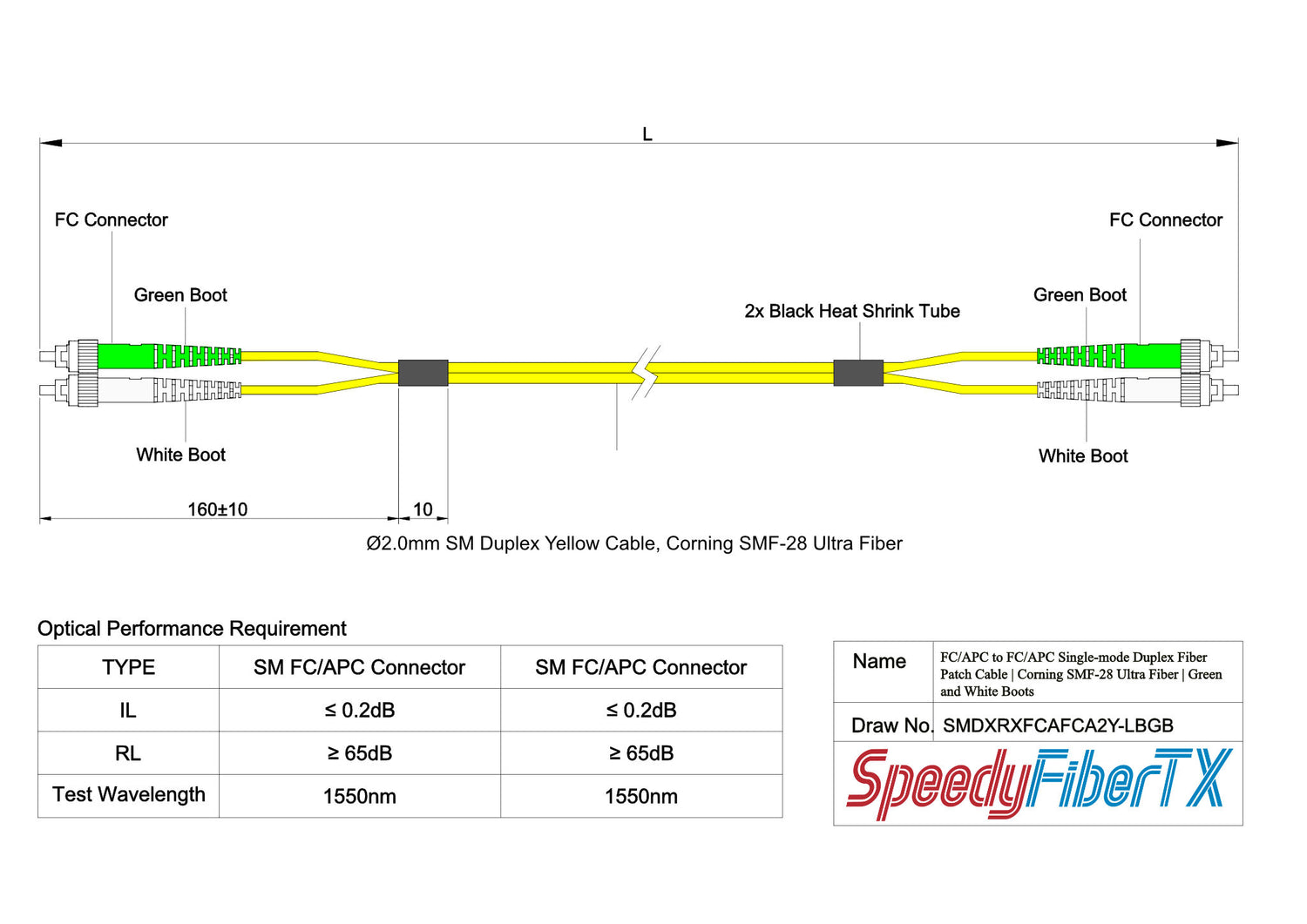 0.2dB FC/APC to FC/APC Single-mode Duplex Fiber Patch Cable | Corning SMF-28 Ultra Fiber | Green and White Boots | OS1/OS2 Compatible | OFNR Jacket