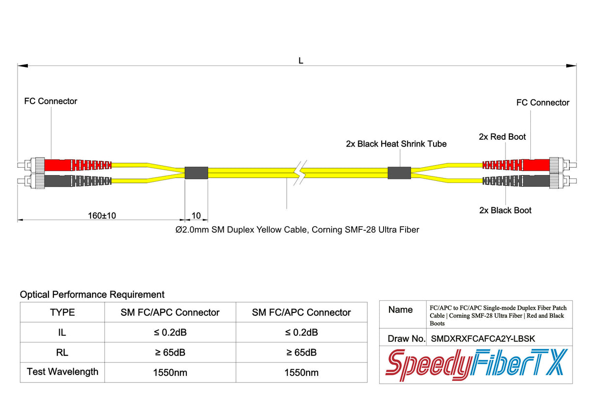 0.2dB FC/APC to FC/APC Single-mode Duplex Fiber Patch Cable | Corning SMF-28 Ultra Fiber | Red and Black Boots | OS1/OS2 Compatible | OFNR Jacket