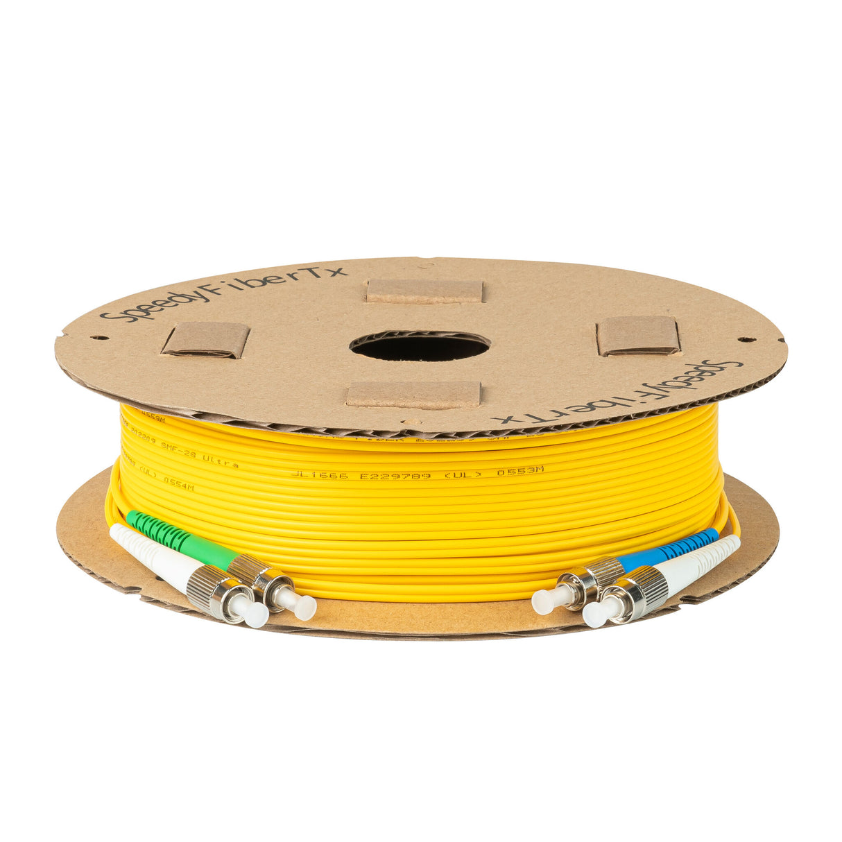 0.2dB FC/APC to FC/UPC Single-mode Duplex Fiber Patch Cable | Corning SMF-28 Ultra Fiber | Green, Blue and White Boots | OS1/OS2 Compatible | OFNR Jacket