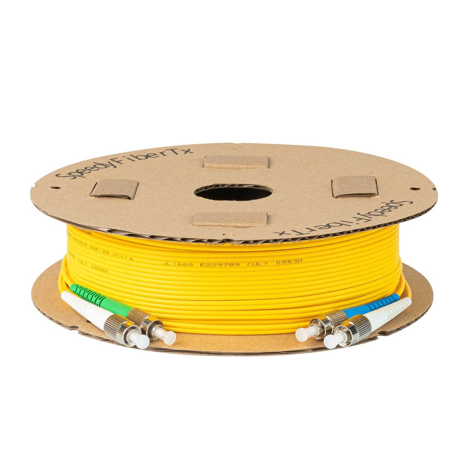 0.2dB FC/APC to FC/UPC Single-mode Duplex Fiber Patch Cable | Corning SMF-28 Ultra Fiber | Green, Blue and White Boots | OS1/OS2 Compatible | OFNR Jacket