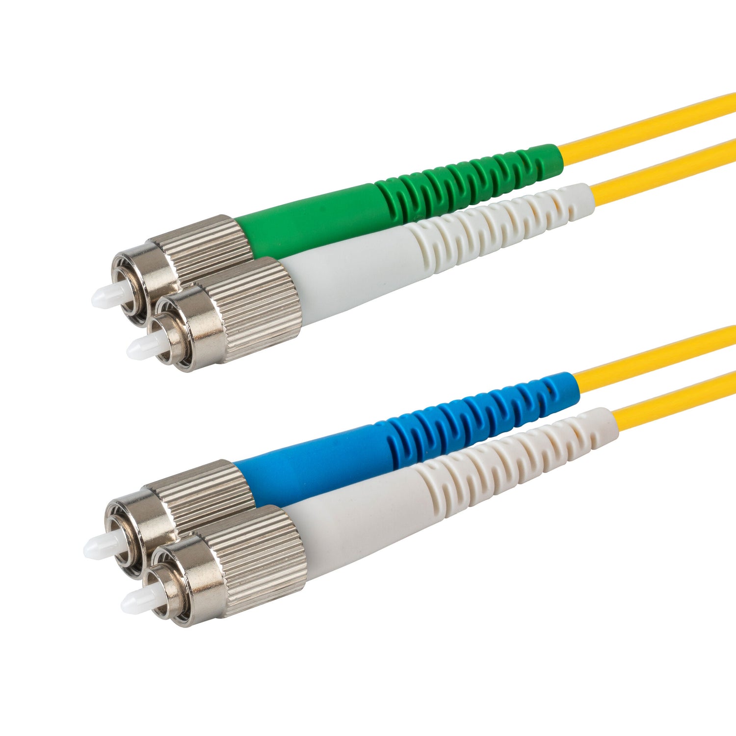 0.2dB FC/APC to FC/UPC Single-mode Duplex Fiber Patch Cable | Corning SMF-28 Ultra Fiber | Green, Blue and White Boots | OS1/OS2 Compatible | OFNR Jacket