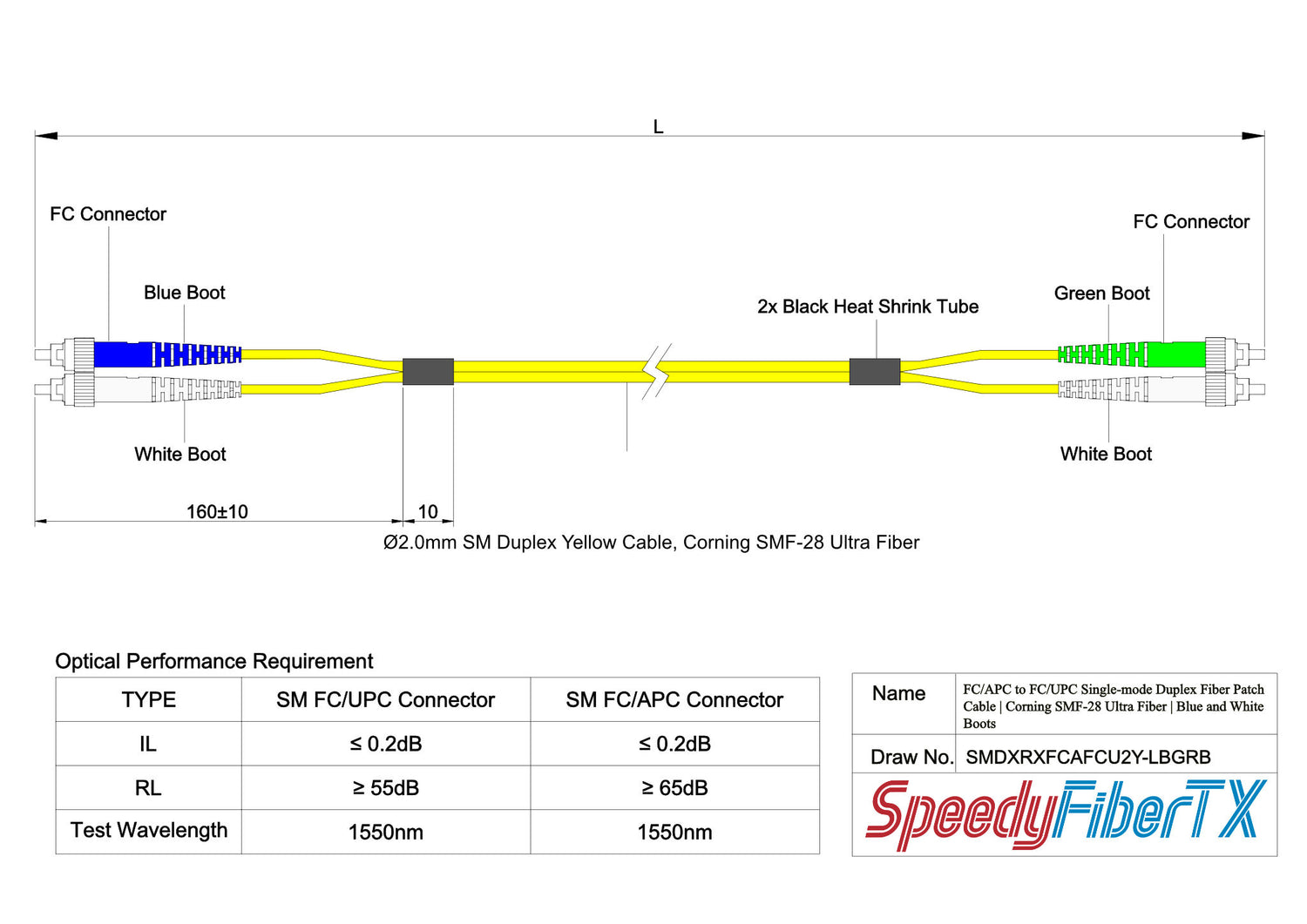 0.2dB FC/APC to FC/UPC Single-mode Duplex Fiber Patch Cable | Corning SMF-28 Ultra Fiber | Green, Blue and White Boots | OS1/OS2 Compatible | OFNR Jacket