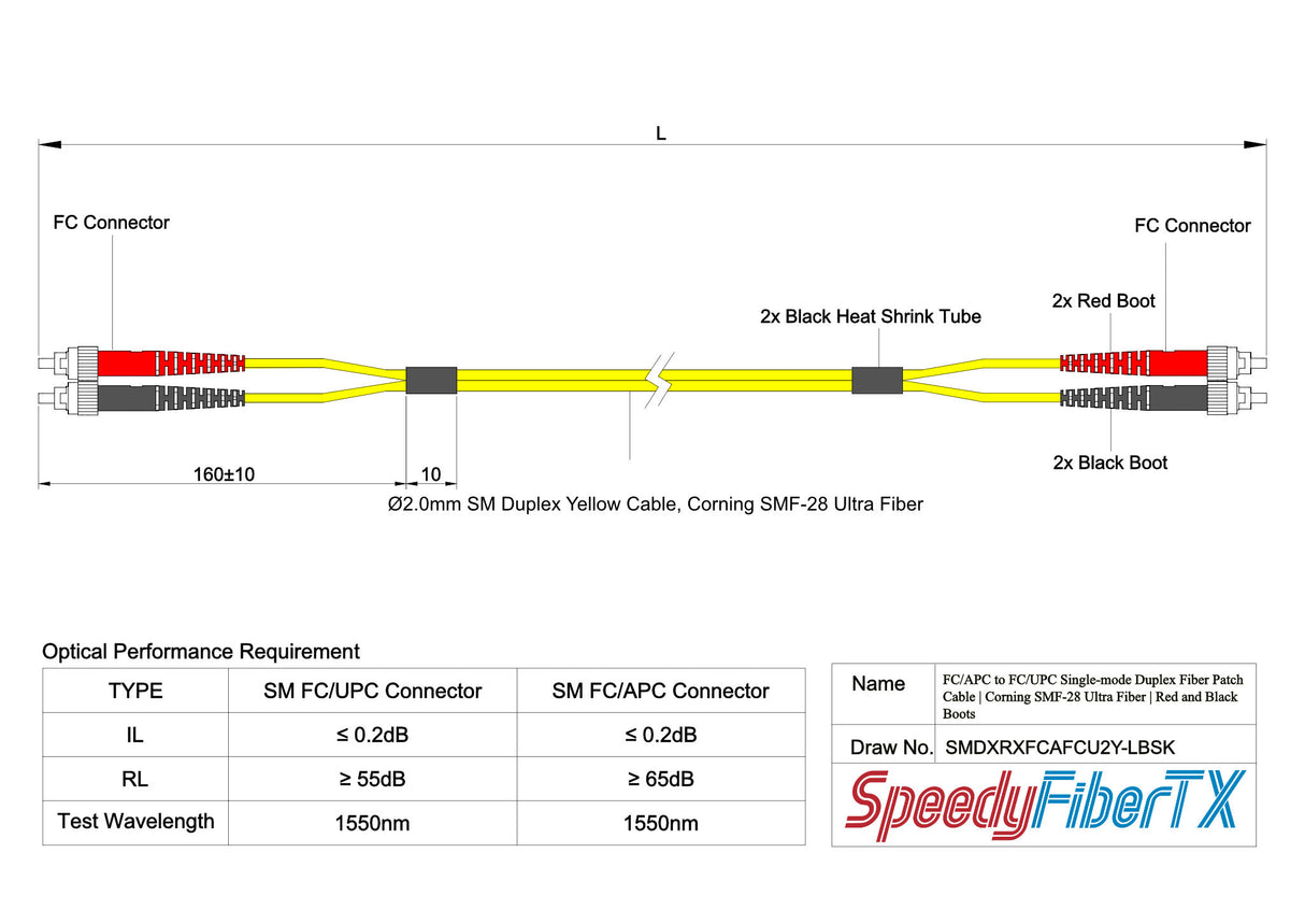 0.2dB FC/APC to FC/UPC Single-mode Duplex Fiber Patch Cable | Corning SMF-28 Ultra Fiber | Red and Black Boots | OS1/OS2 Compatible | OFNR Jacket