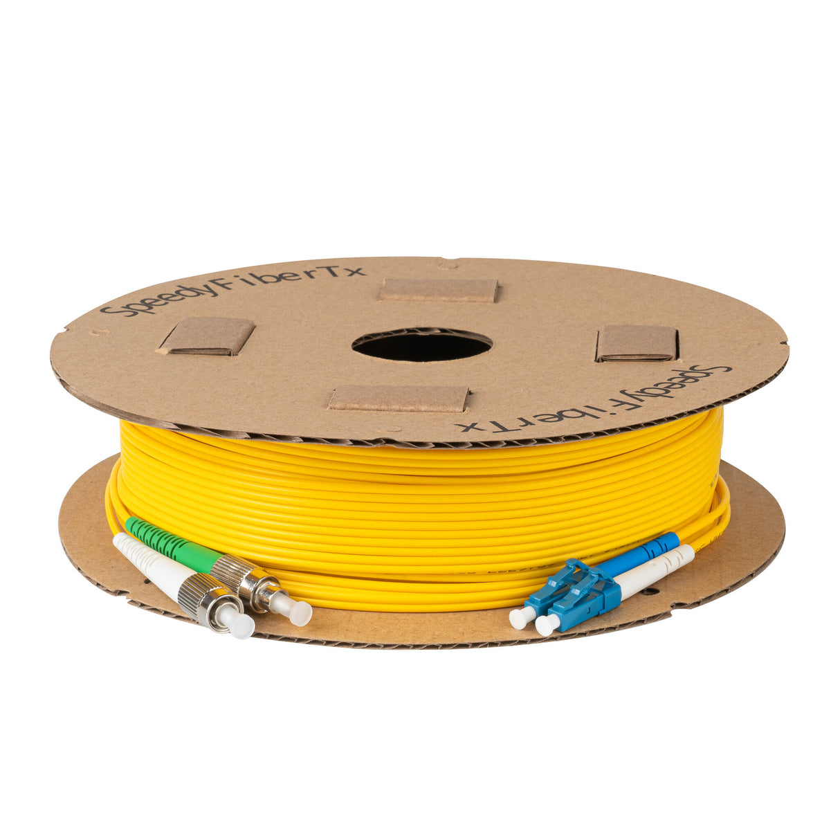 0.2dB FC/APC to LC/UPC Single-mode Duplex Fiber Patch Cable | Corning SMF-28 Ultra Fiber | Green, Blue and White Boots | OS1/OS2 Compatible | OFNR Jacket