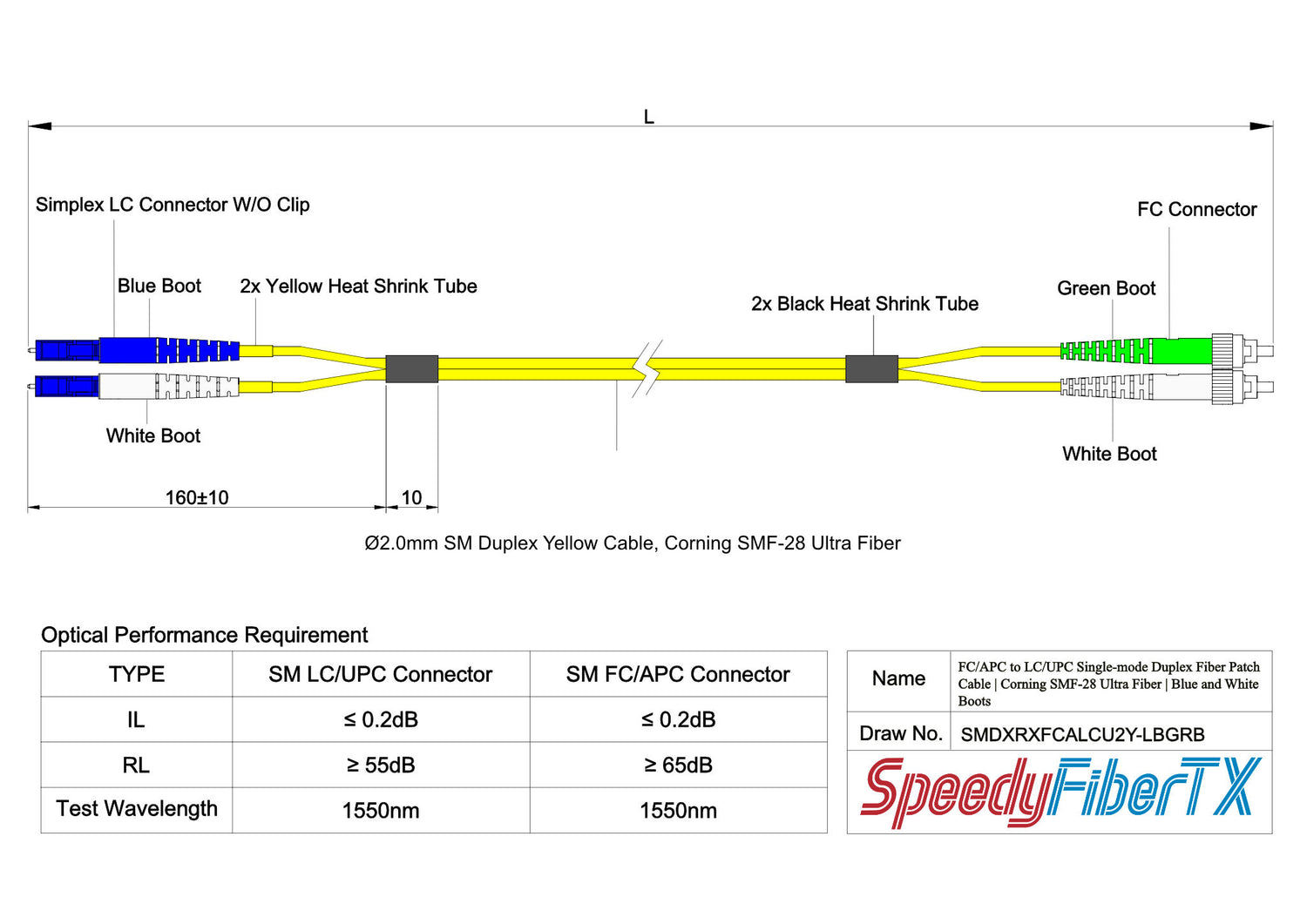0.2dB FC/APC to LC/UPC Single-mode Duplex Fiber Patch Cable | Corning SMF-28 Ultra Fiber | Green, Blue and White Boots | OS1/OS2 Compatible | OFNR Jacket