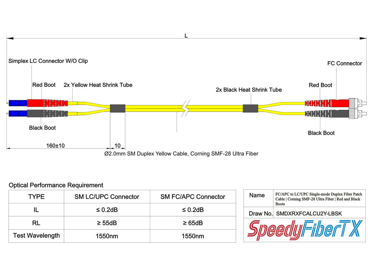 0.2dB FC/APC to LC/UPC Single-mode Duplex Fiber Patch Cable | Corning SMF-28 Ultra Fiber | Red and Black Boots | OS1/OS2 Compatible | OFNR Jacket