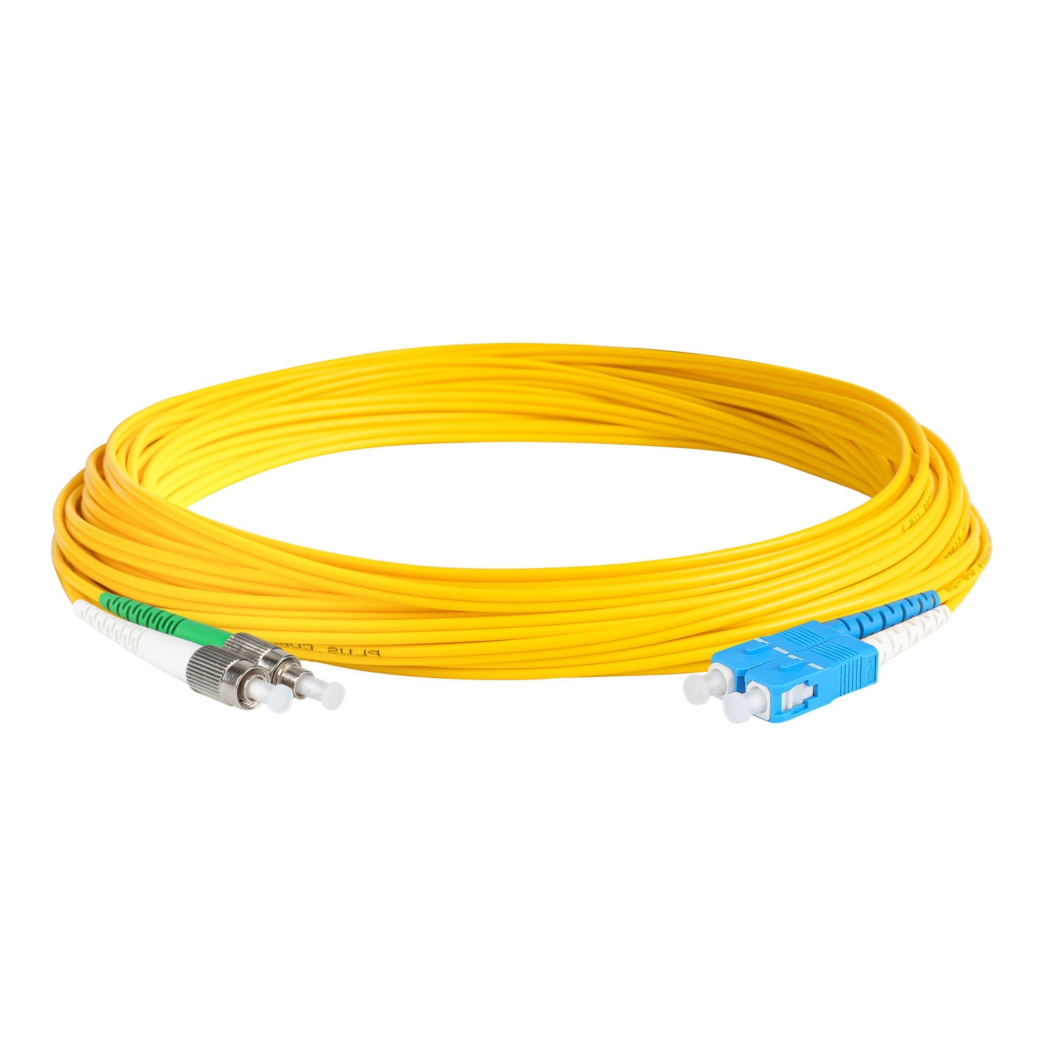 0.2dB FC/APC to SC/UPC Single-mode Duplex Fiber Patch Cable | Corning SMF-28 Ultra Fiber | Green, Blue and White Boots | OS1/OS2 Compatible | OFNR Jacket