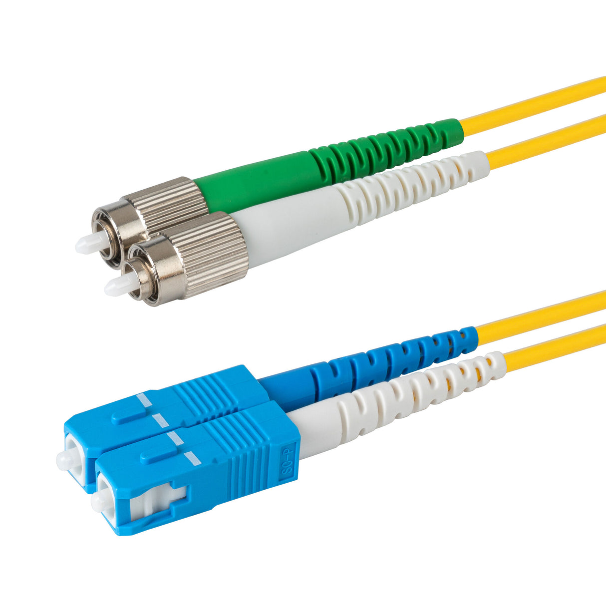 0.2dB FC/APC to SC/UPC Single-mode Duplex Fiber Patch Cable | Corning SMF-28 Ultra Fiber | Green, Blue and White Boots | OS1/OS2 Compatible | OFNR Jacket