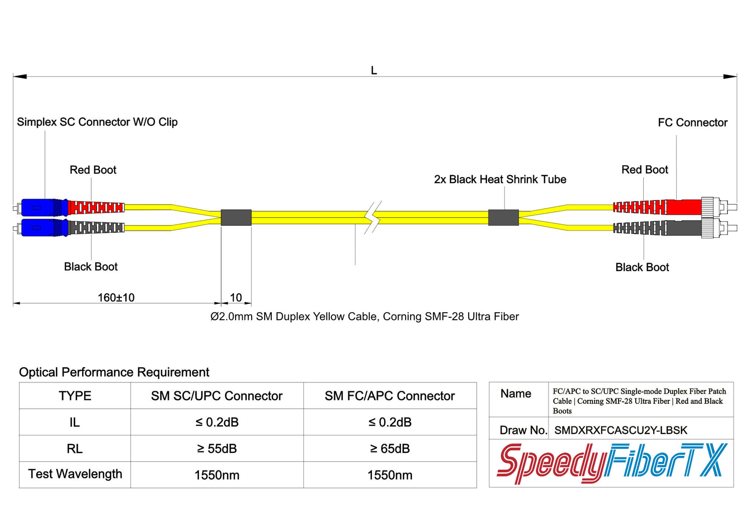 0.2dB FC/APC to SC/UPC Single-mode Duplex Fiber Patch Cable | Corning SMF-28 Ultra Fiber | Red and Black Boots | OS1/OS2 Compatible | OFNR Jacket
