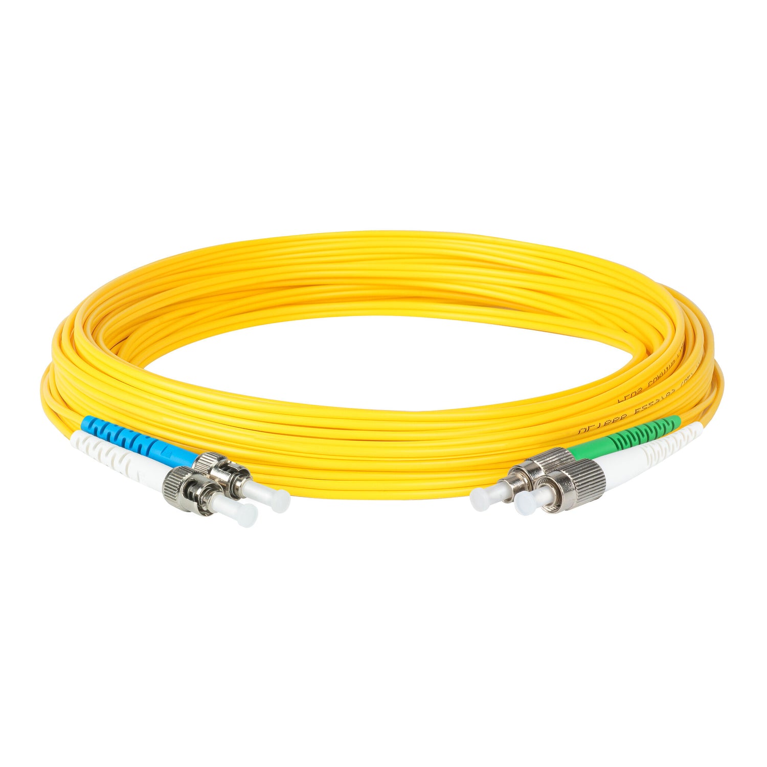 0.2dB FC/APC to ST/UPC Single-mode Duplex Fiber Patch Cable | Corning SMF-28 Ultra Fiber | Green, Blue and White Boots | OS1/OS2 Compatible | OFNR Jacket