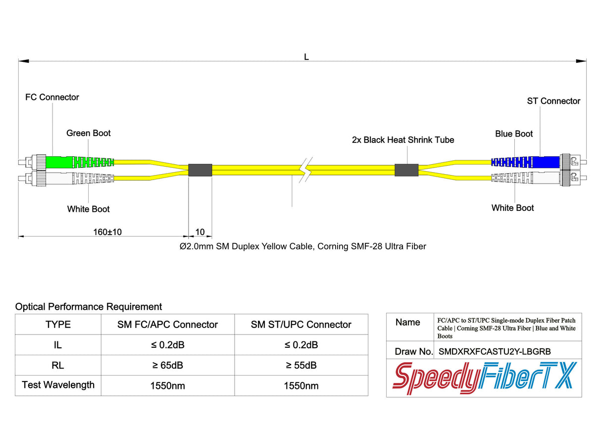 0.2dB FC/APC to ST/UPC Single-mode Duplex Fiber Patch Cable | Corning SMF-28 Ultra Fiber | Green, Blue and White Boots | OS1/OS2 Compatible | OFNR Jacket