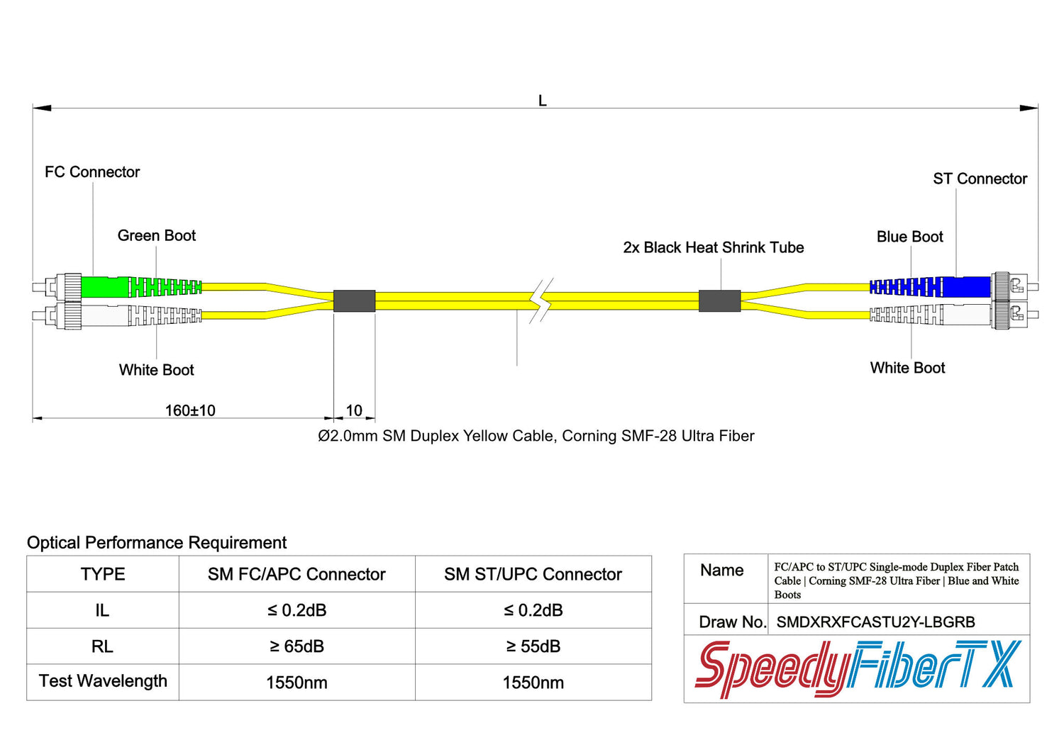 0.2dB FC/APC to ST/UPC Single-mode Duplex Fiber Patch Cable | Corning SMF-28 Ultra Fiber | Green, Blue and White Boots | OS1/OS2 Compatible | OFNR Jacket