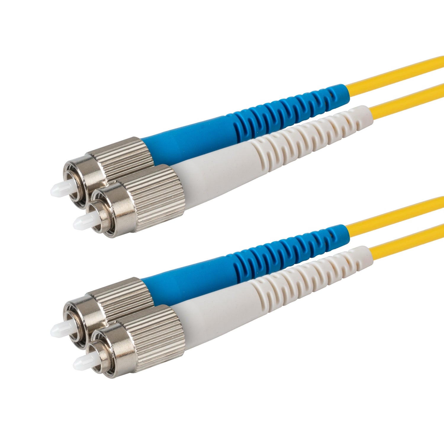 0.2dB FC/UPC to FC/UPC Single-mode Duplex Fiber Patch Cable | Corning SMF-28 Ultra Fiber | Blue and White Boots | OS1/OS2 Compatible | OFNR Jacket