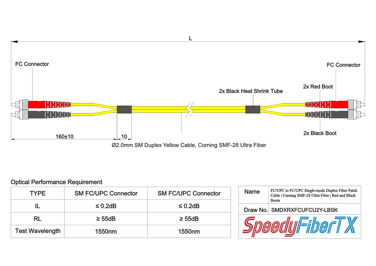 0.2dB FC/UPC to FC/UPC Single-mode Duplex Fiber Patch Cable | Corning SMF-28 Ultra Fiber | Red and Black Boots | OS1/OS2 Compatible | OFNR Jacket