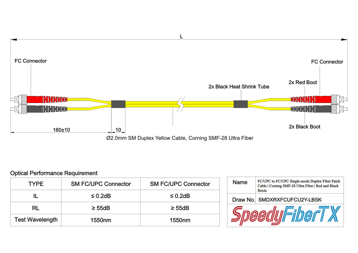 0.2dB FC/UPC to FC/UPC Single-mode Duplex Fiber Patch Cable | Corning SMF-28 Ultra Fiber | Red and Black Boots | OS1/OS2 Compatible | OFNR Jacket