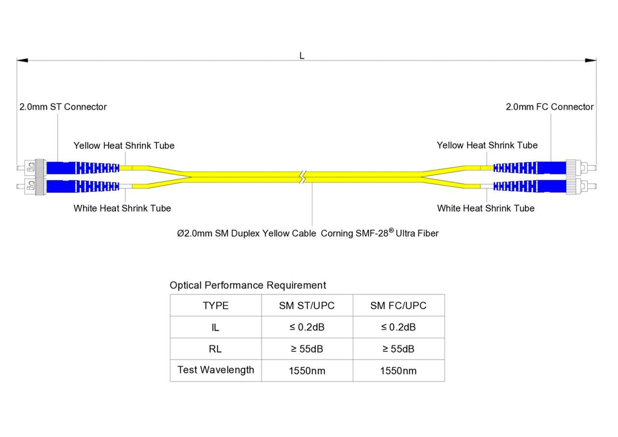 0.2dB ST/UPC to FC/UPC Single-mode Duplex Fiber Patch Cable | Corning SMF-28 Ultra Fiber | OS1/OS2 Compatible | OFNP Jacket
