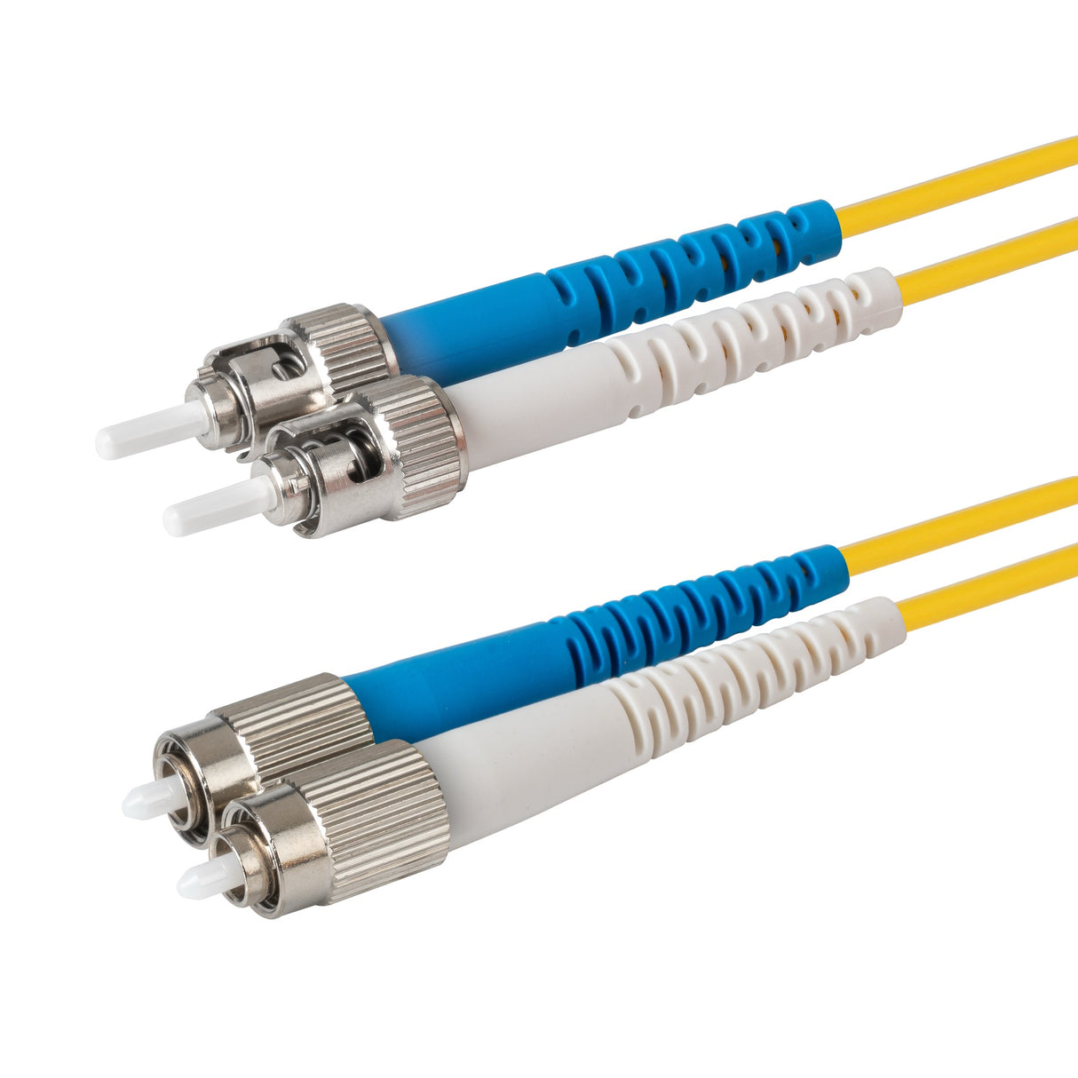 0.2dB ST/UPC to FC/UPC Single-mode Duplex Fiber Patch Cable | Corning SMF-28 Ultra Fiber | Blue and White Boots | OS1/OS2 Compatible | OFNR Jacket