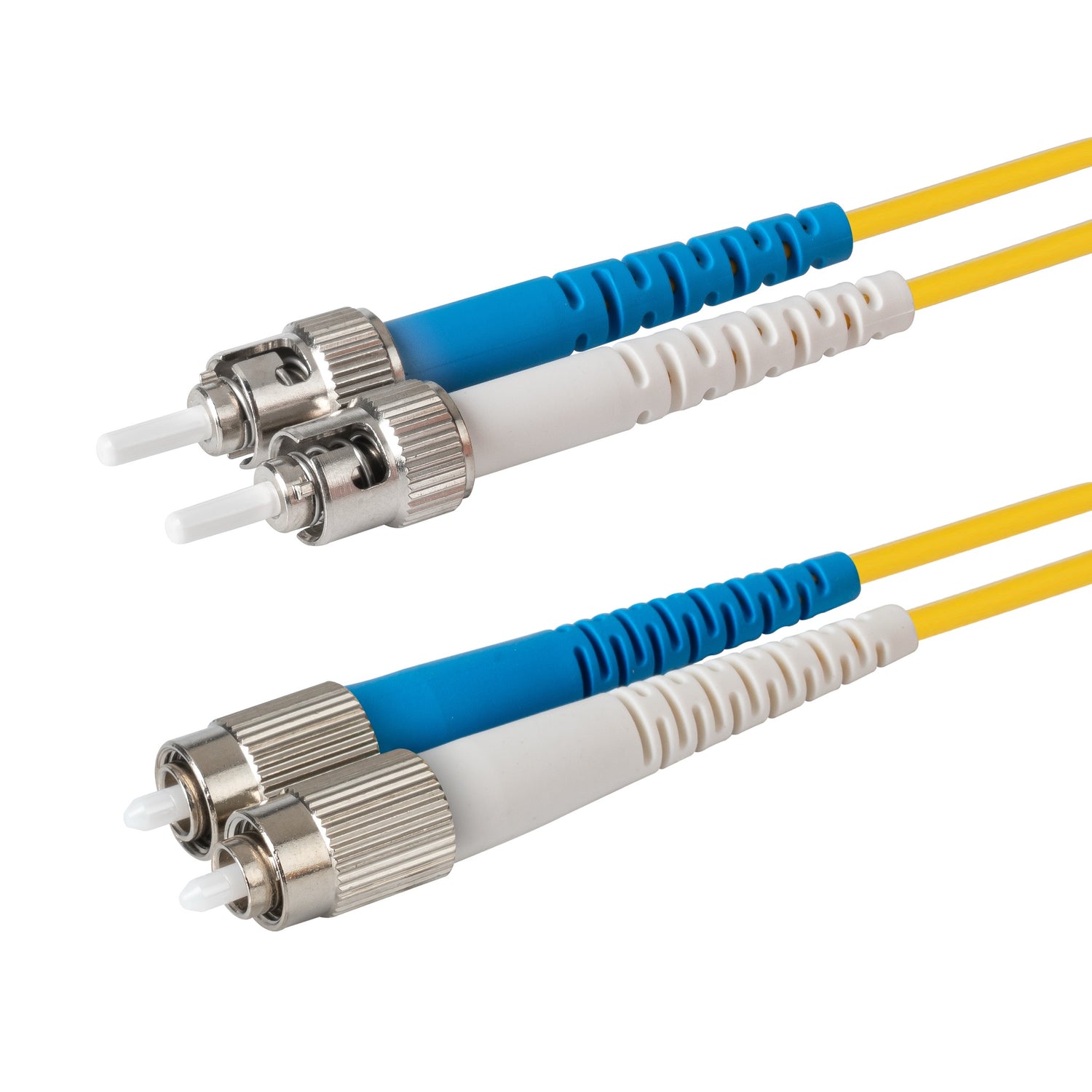 0.2dB ST/UPC to FC/UPC Single-mode Duplex Fiber Patch Cable | Corning SMF-28 Ultra Fiber | Blue and White Boots | OS1/OS2 Compatible | OFNR Jacket