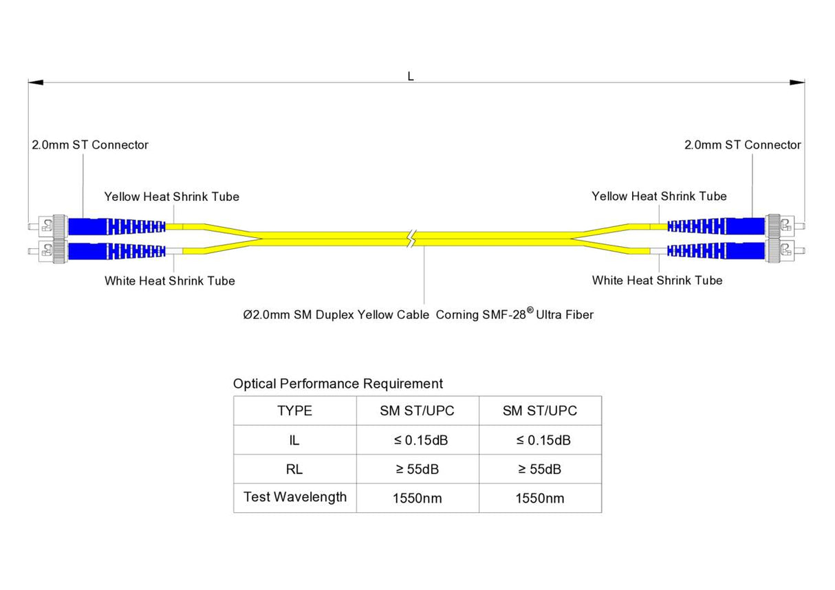 Low Loss 0.15dB ST/UPC to ST/UPC Single-mode Duplex Fiber Patch Cable | Corning SMF-28 Ultra Fiber | OS1/OS2 Compatible | OFNP Jacket