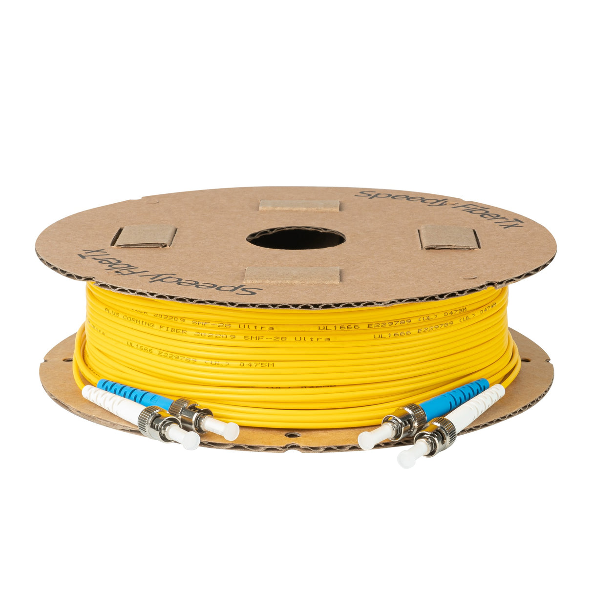 0.2dB ST/UPC to ST/UPC Single-mode Duplex Fiber Patch Cable | Corning SMF-28 Ultra Fiber | Blue and White Boots | OS1/OS2 Compatible | OFNR Jacket