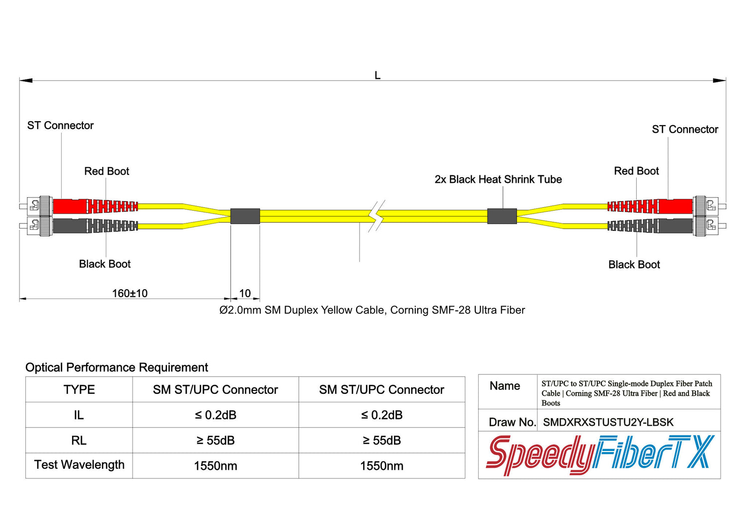 0.2dB ST/UPC to ST/UPC Single-mode Duplex Fiber Patch Cable | Corning SMF-28 Ultra Fiber | Red and Black Boots | OS1/OS2 Compatible | OFNR Jacket