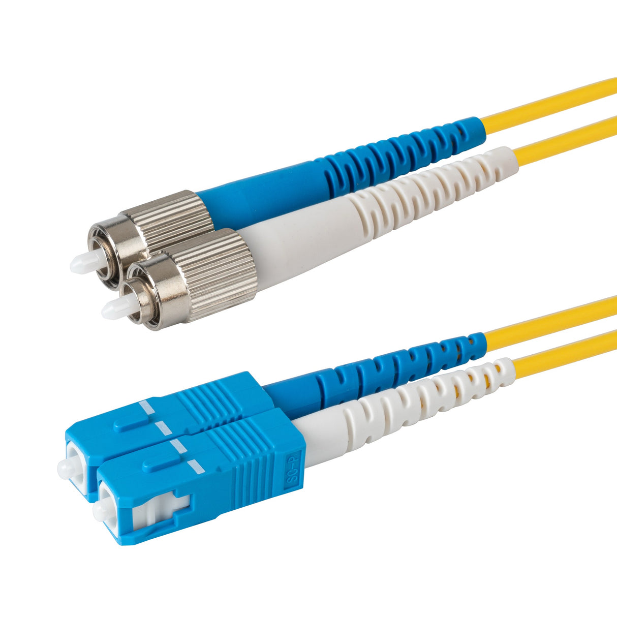 0.2dB SC/UPC to FC/UPC Single-mode Duplex Fiber Patch Cable | Corning SMF-28 Ultra Fiber | Blue and White Boots | OS1/OS2 Compatible | OFNR Jacket