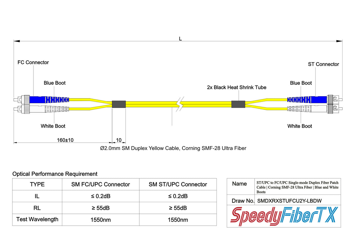0.2dB ST/UPC to FC/UPC Single-mode Duplex Fiber Patch Cable | Corning SMF-28 Ultra Fiber | Blue and White Boots | OS1/OS2 Compatible | OFNR Jacket