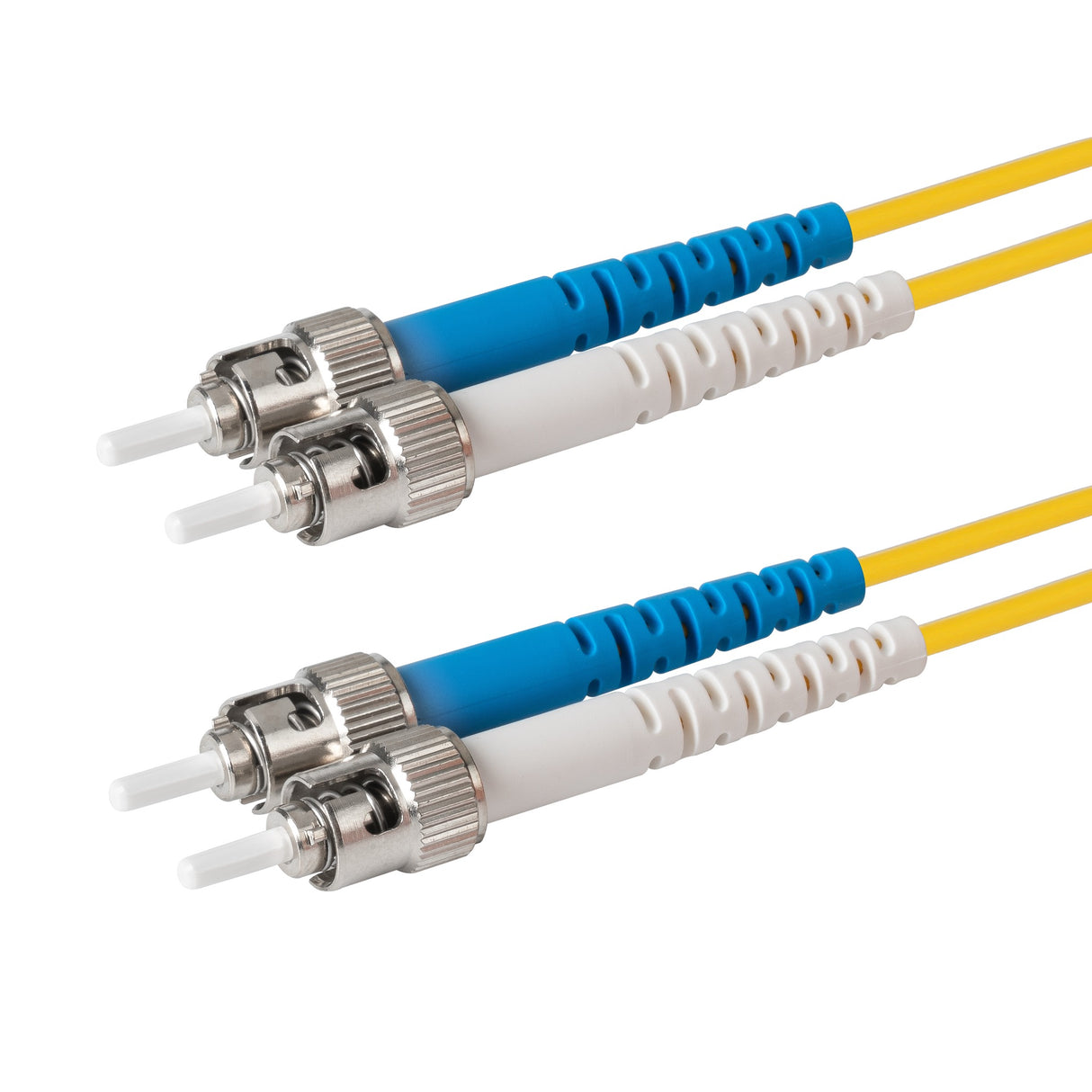 0.2dB ST/UPC to ST/UPC Single-mode Duplex Fiber Patch Cable | Corning SMF-28 Ultra Fiber | Blue and White Boots | OS1/OS2 Compatible | OFNR Jacket