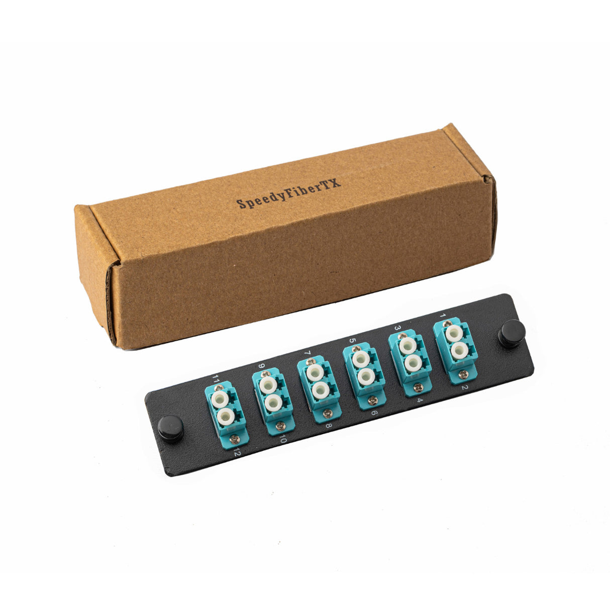 SpeedyFiberTX 12-Port LGX Compatible Fiber Patch Panel with Numbered Ports, Preloaded with Aqua LC Adapters/Couplers