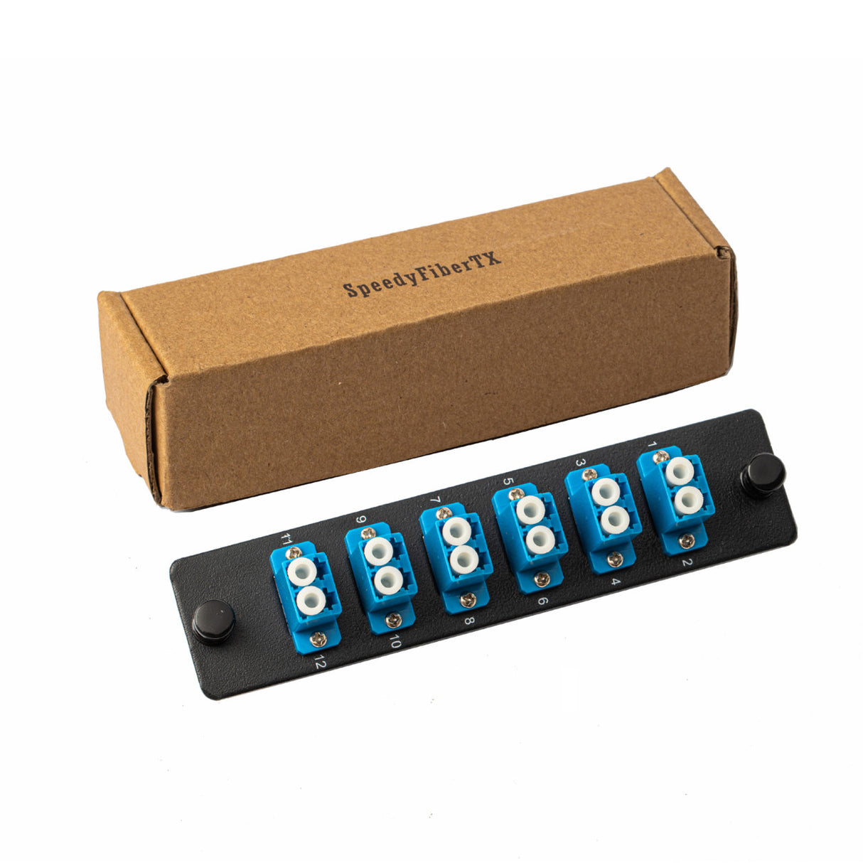 SpeedyFiberTX 12-Port LGX Compatible Fiber Patch Panel with Numbered Ports, Preloaded with Blue LC Adapters/Couplers