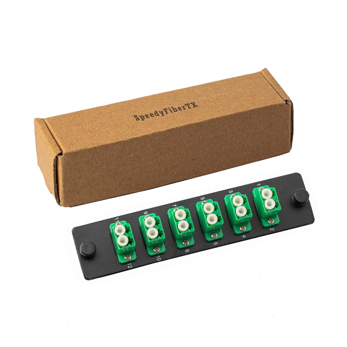 SpeedyFiberTX 12-Port LGX Compatible Fiber Patch Panel with Numbered Ports, Preloaded with Green LC Adapters/Couplers