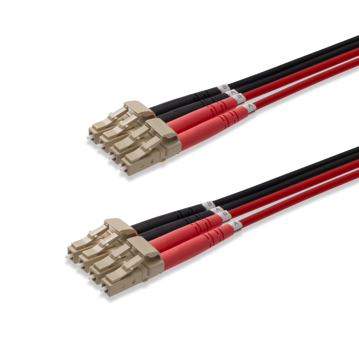 4-Core Armored LC/UPC to LC/UPC Multimode OM1 Fiber Optic Patch Cable | Ø4.5mm Black Armored Cable | Red & Black LSZH Fanout Tubes